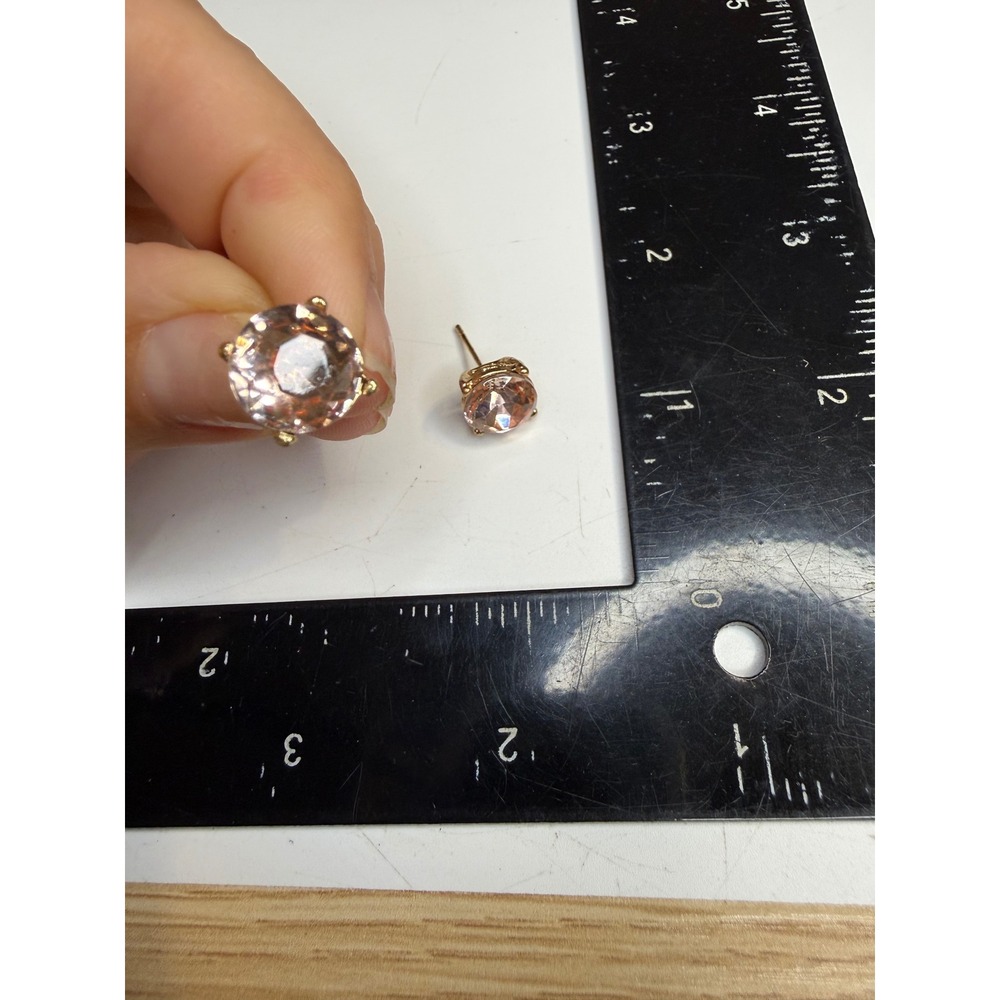 Champagne Pink Round Faceted Stud Earrings Gold Tone Prong Set Scroll Detail